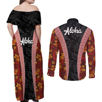 Hawaii Lei and Hibiscus Flowers Tribal Couples Matching Off Shoulder Maxi Dress and Long Sleeve Button Shirt Patchwork Abstract Vintage LT03 - Polynesian Pride