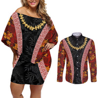 Hawaii Lei and Hibiscus Flowers Tribal Couples Matching Off Shoulder Short Dress and Long Sleeve Button Shirt Patchwork Abstract Vintage LT03 Red - Polynesian Pride