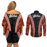 Hawaii Lei and Hibiscus Flowers Tribal Couples Matching Off Shoulder Short Dress and Long Sleeve Button Shirt Patchwork Abstract Vintage LT03 - Polynesian Pride