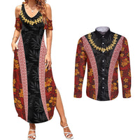 Hawaii Lei and Hibiscus Flowers Tribal Couples Matching Summer Maxi Dress and Long Sleeve Button Shirt Patchwork Abstract Vintage LT03 Red - Polynesian Pride