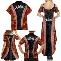Hawaii Lei and Hibiscus Flowers Tribal Family Matching Summer Maxi Dress and Hawaiian Shirt Patchwork Abstract Vintage