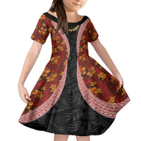 Hawaii Lei and Hibiscus Flowers Tribal Kid Short Sleeve Dress Patchwork Abstract Vintage LT03 KID Red - Polynesian Pride