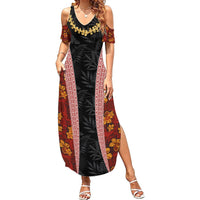 Hawaii Lei and Hibiscus Flowers Tribal Summer Maxi Dress Patchwork Abstract Vintage LT03 Women Red - Polynesian Pride