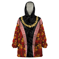 Hawaii Lei and Hibiscus Flowers Tribal Wearable Blanket Hoodie Patchwork Abstract Vintage LT03 One Size Red - Polynesian Pride