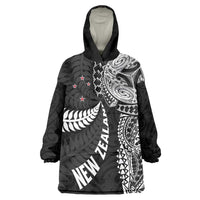 Aotearoa Volleyball Custom Wearable Blanket Hoodie Silver Ferns and Maori Tribal Black LT03 One Size Black - Polynesian Pride