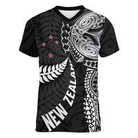 Aotearoa Volleyball Custom Women V-Neck T-Shirt Silver Ferns and Maori Tribal Black