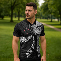 Aotearoa Volleyball Custom Zipper Polo Shirt Silver Ferns and Maori Tribal Black