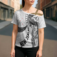 Aotearoa Volleyball Custom Cross Shoulder Shirt Silver Ferns and Maori Tribal White LT03 - Polynesian Pride