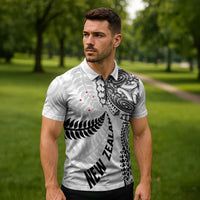 Aotearoa Volleyball Custom Zipper Polo Shirt Silver Ferns and Maori Tribal White LT03 - Polynesian Pride