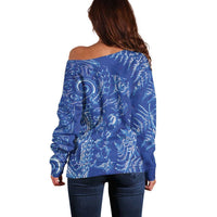 New Zealand Sea Animals Off Shoulder Sweater with Maori Koru Tribal Tattoo and Silver Ferns Aquatic Style