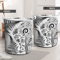 New Zealand Sea Animals Laundry Basket with Maori Koru Tribal Tattoo and Silver Ferns White Color