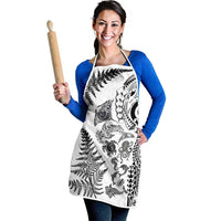 New Zealand Sea Animals Apron with Maori Koru Tribal Tattoo and Silver Ferns White Color