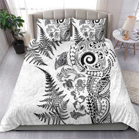 New Zealand Sea Animals Bedding Set with Maori Koru Tribal Tattoo and Silver Ferns White Color
