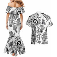 New Zealand Sea Animals Couples Matching Mermaid Dress and Hawaiian Shirt with Maori Koru Tribal Tattoo and Silver Ferns White Color
