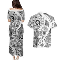 New Zealand Sea Animals Couples Matching Puletasi and Hawaiian Shirt with Maori Koru Tribal Tattoo and Silver Ferns White Color
