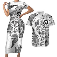 New Zealand Sea Animals Couples Matching Short Sleeve Bodycon Dress and Hawaiian Shirt with Maori Koru Tribal Tattoo and Silver Ferns White Color