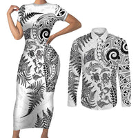 New Zealand Sea Animals Couples Matching Short Sleeve Bodycon Dress and Long Sleeve Button Shirt with Maori Koru Tribal Tattoo and Silver Ferns White Color