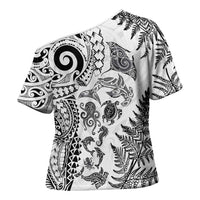 New Zealand Sea Animals Cross Shoulder Shirt with Maori Koru Tribal Tattoo and Silver Ferns White Color