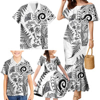 New Zealand Sea Animals Family Matching Mermaid Dress and Hawaiian Shirt with Maori Koru Tribal Tattoo and Silver Ferns White Color