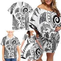 New Zealand Sea Animals Family Matching Off Shoulder Short Dress and Hawaiian Shirt with Maori Koru Tribal Tattoo and Silver Ferns White Color
