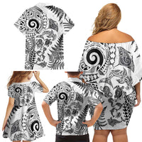 New Zealand Sea Animals Family Matching Off Shoulder Short Dress and Hawaiian Shirt with Maori Koru Tribal Tattoo and Silver Ferns White Color