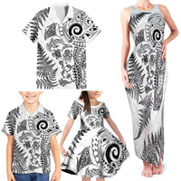 New Zealand Sea Animals Family Matching Tank Maxi Dress and Hawaiian Shirt with Maori Koru Tribal Tattoo and Silver Ferns White Color