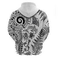 New Zealand Sea Animals Hoodie with Maori Koru Tribal Tattoo and Silver Ferns White Color