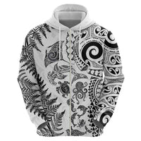 New Zealand Sea Animals Hoodie with Maori Koru Tribal Tattoo and Silver Ferns White Color