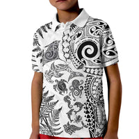 New Zealand Sea Animals Kid Polo Shirt with Maori Koru Tribal Tattoo and Silver Ferns White Color