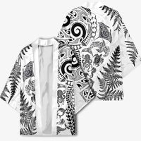 New Zealand Sea Animals Kimono with Maori Koru Tribal Tattoo and Silver Ferns White Color