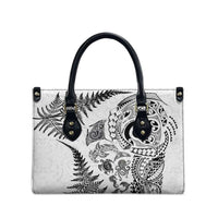 New Zealand Sea Animals Leather Bag with Maori Koru Tribal Tattoo and Silver Ferns White Color