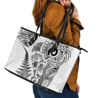 New Zealand Sea Animals Leather Tote Bag with Maori Koru Tribal Tattoo and Silver Ferns White Color