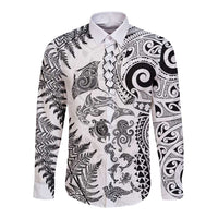 New Zealand Sea Animals Long Sleeve Button Shirt with Maori Koru Tribal Tattoo and Silver Ferns White Color