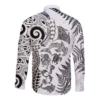 New Zealand Sea Animals Long Sleeve Button Shirt with Maori Koru Tribal Tattoo and Silver Ferns White Color