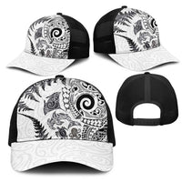 New Zealand Sea Animals Mesh Trucker Cap with Maori Koru Tribal Tattoo and Silver Ferns White Color