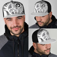 New Zealand Sea Animals Mesh Trucker Cap with Maori Koru Tribal Tattoo and Silver Ferns White Color