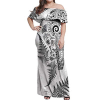 New Zealand Sea Animals Off Shoulder Maxi Dress with Maori Koru Tribal Tattoo and Silver Ferns White Color
