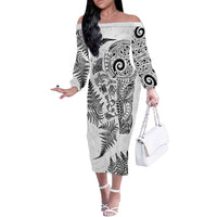 New Zealand Sea Animals Off The Shoulder Long Sleeve Dress with Maori Koru Tribal Tattoo and Silver Ferns White Color