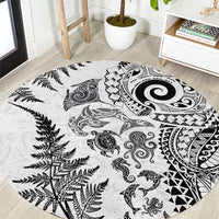 New Zealand Sea Animals Round Carpet with Maori Koru Tribal Tattoo and Silver Ferns White Color