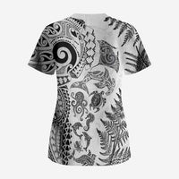 New Zealand Sea Animals Scrub Top with Maori Koru Tribal Tattoo and Silver Ferns White Color
