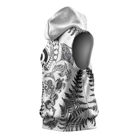 New Zealand Sea Animals Sleeveless Hoodie with Maori Koru Tribal Tattoo and Silver Ferns White Color
