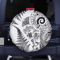 New Zealand Sea Animals Spare Tire Cover with Maori Koru Tribal Tattoo and Silver Ferns White Color