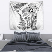 New Zealand Sea Animals Tapestry with Maori Koru Tribal Tattoo and Silver Ferns White Color