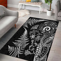 New Zealand Sea Animals Area Rug with Maori Koru Tribal Tattoo and Silver Ferns Black Color