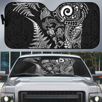 New Zealand Sea Animals Auto Sun Shade with Maori Koru Tribal Tattoo and Silver Ferns Black Color