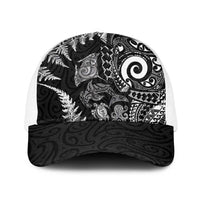 New Zealand Sea Animals Baseball Net Cap with Maori Koru Tribal Tattoo and Silver Ferns Black Color