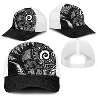 New Zealand Sea Animals Baseball Net Cap with Maori Koru Tribal Tattoo and Silver Ferns Black Color