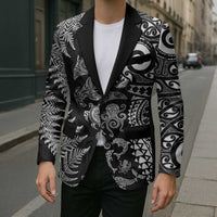 New Zealand Sea Animals Blazer with Maori Koru Tribal Tattoo and Silver Ferns Black Color