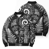 New Zealand Sea Animals Bomber Puffer Jacket with Maori Koru Tribal Tattoo and Silver Ferns Black Color