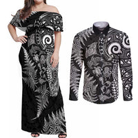 New Zealand Sea Animals Couples Matching Off Shoulder Maxi Dress and Long Sleeve Button Shirt with Maori Koru Tribal Tattoo and Silver Ferns Black Color